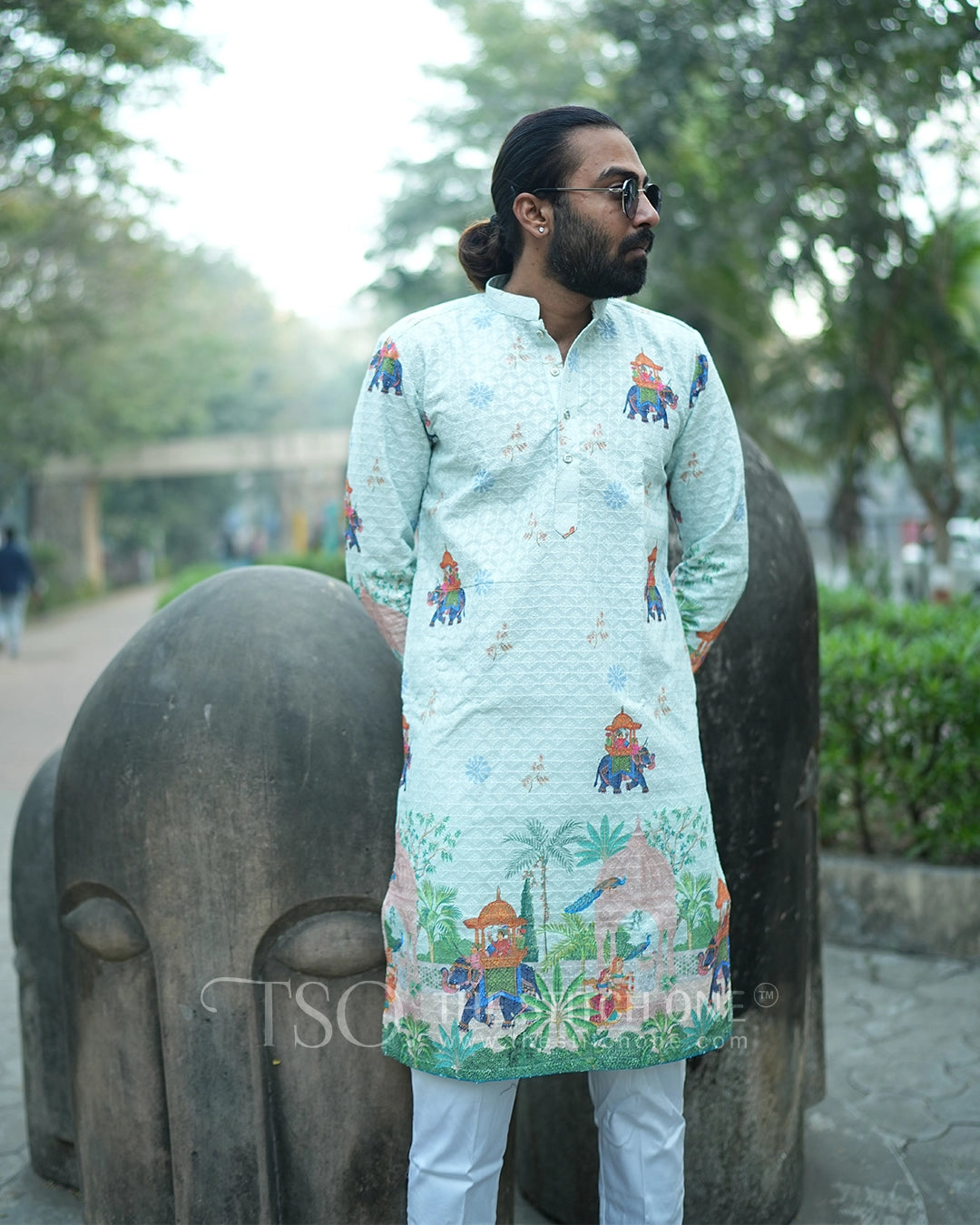 Elephant and Palm Tree Motifs Kurta For Men