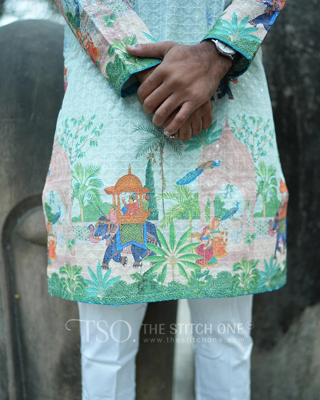 Elephant and Palm Tree Motifs Kurta For Men