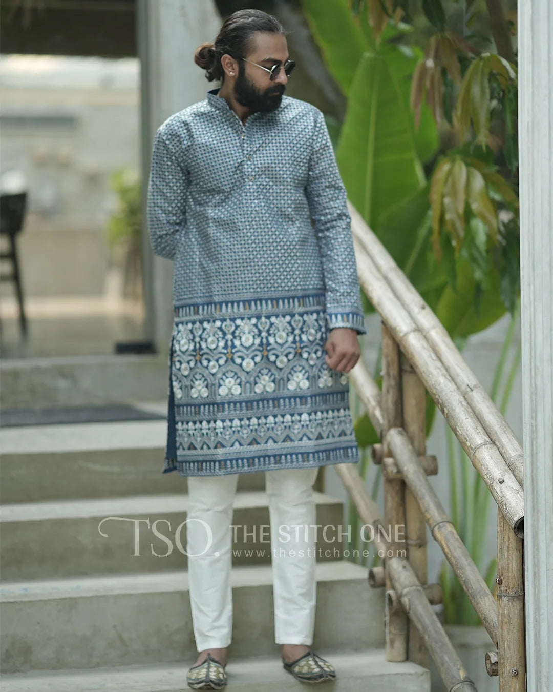 Regal Blue Bloom Kurta For Men