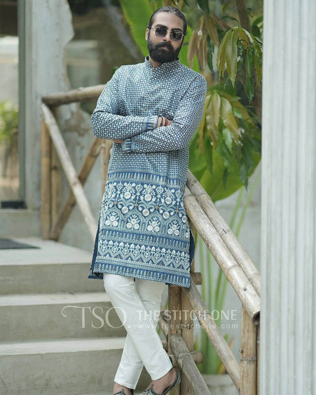 Regal Blue Bloom Kurta For Men