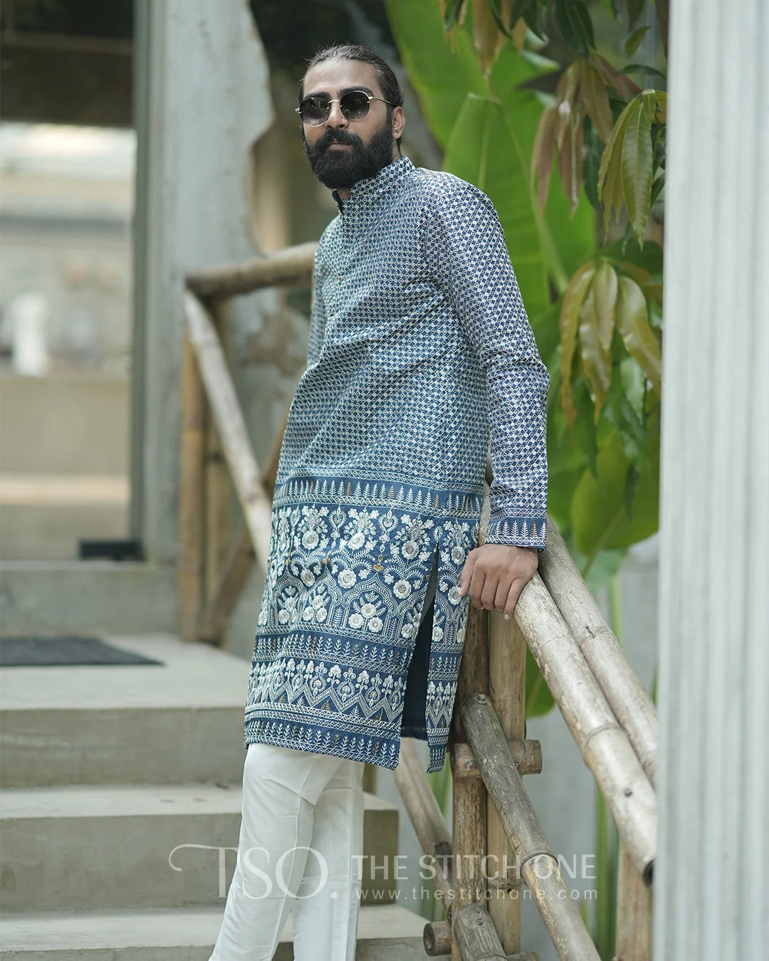 Regal Blue Bloom Kurta For Men