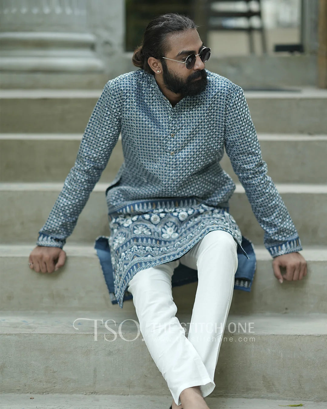 Regal Blue Bloom Kurta For Men