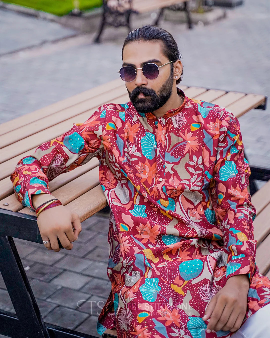 Multicolor Floral Red Ornate Kurta For Men