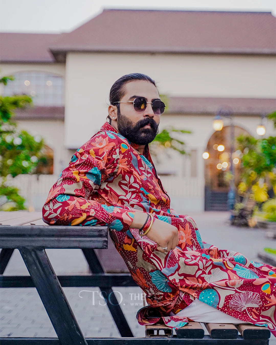 Multicolor Floral Red Ornate Kurta For Men