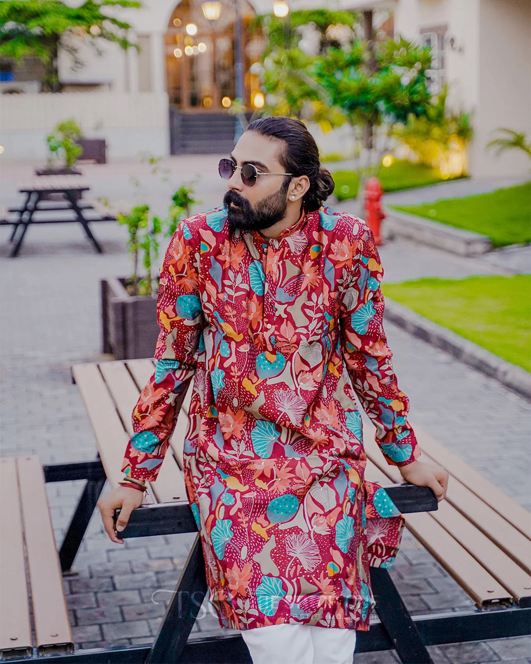 Multicolor Floral Red Ornate Kurta For Men