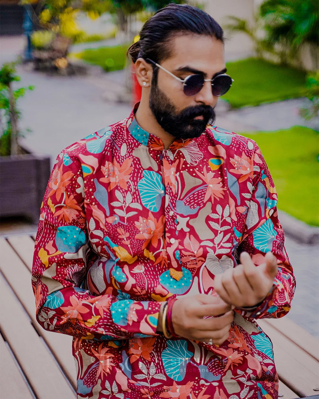 Multicolor Floral Red Ornate Kurta For Men